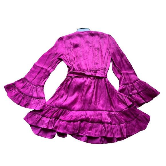 Metallic Fuchsia Tiered Satin Pleated Belted A Line V Neck Womens Medium Dress - Picture 9 of 16